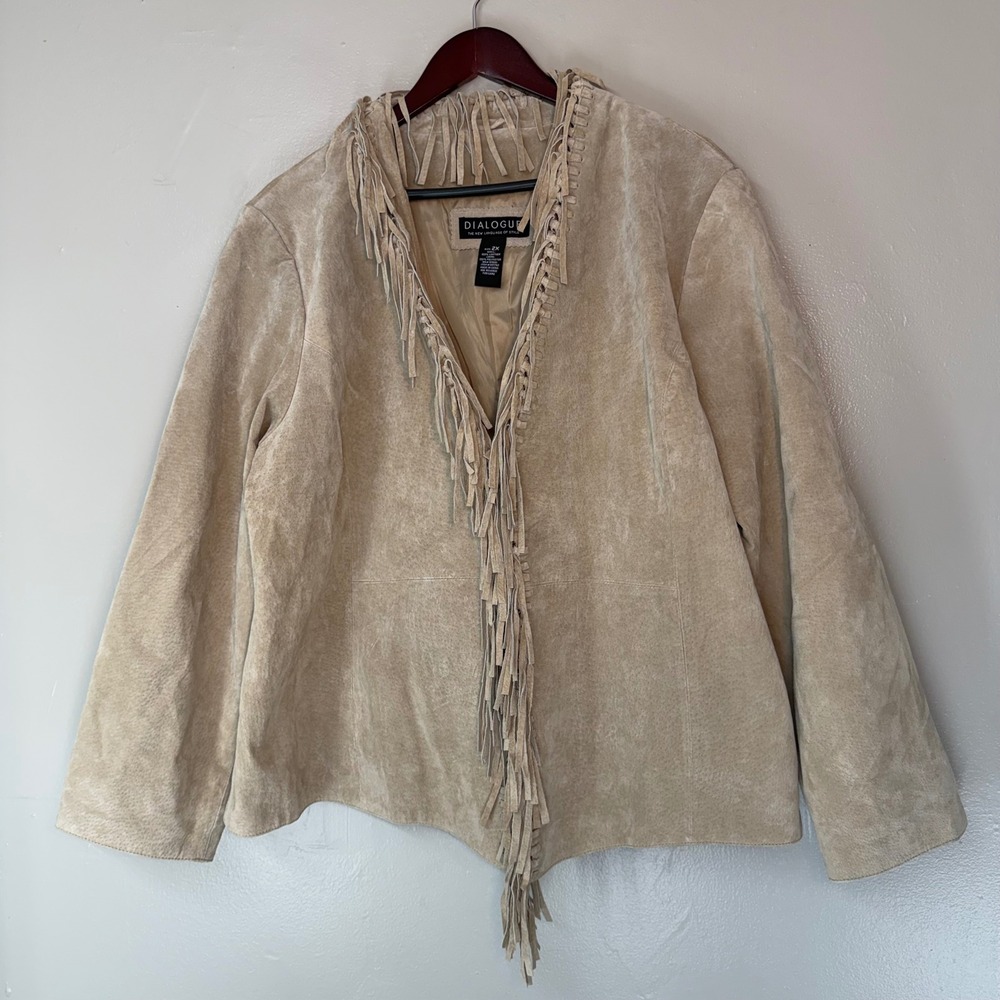 Dialogue Tan Suede Leather Fringe Western Jacket Women 2X Boho Hook Eye Tan